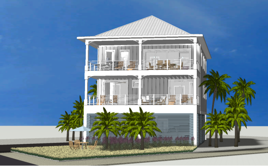 Modern beach or vacation house 3D rendering designed by the architecture firm Born Architects, which serves residential builders in the northwestern Florida area including Port St. Joe, Gulf Breeze, St. George Island, Cape San Blas, Mexico Beach, and