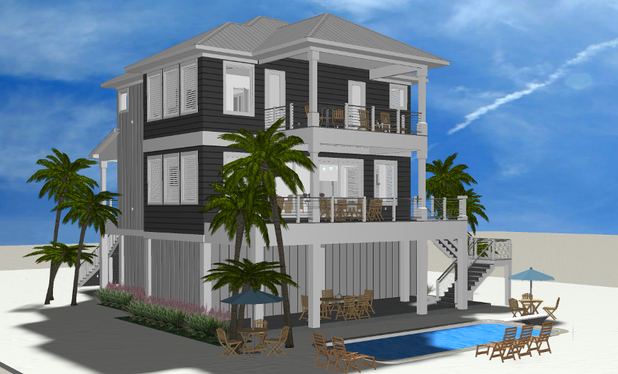 Modern beach or vacation house with a pool 3D rendering designed by the architecture firm Born Architects, which serves residential builders in the northwestern Florida area including Port St. Joe, Gulf Breeze, St. George Island, Cape San Blas, Mexic