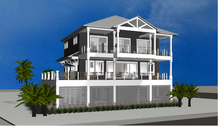 Modern beach or vacation house 3D rendering designed by the architecture firm Born Architects, which serves the northwestern Florida area including Port St. Joe, Gulf Breeze, St. George Island, Cape San Blas, Mexico Beach, and the Emerald Coast.