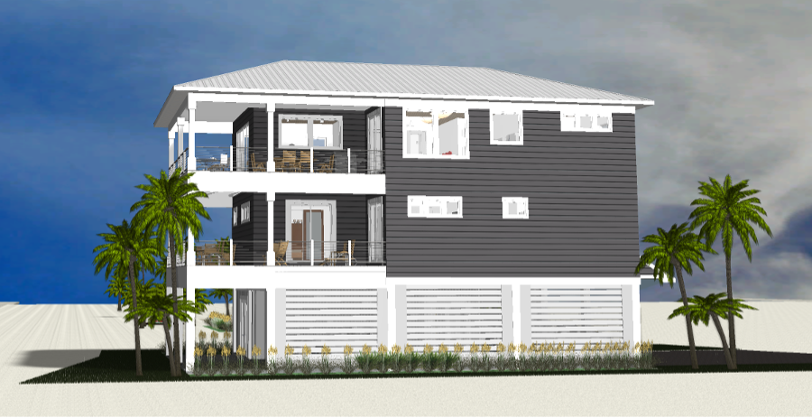 Modern beach or vacation house 3D rendering designed by the architecture firm Born Architects, which serves the northwestern Florida area including Port St. Joe, Gulf Breeze, St. George Island, Cape San Blas, Mexico Beach, and the Emerald Coast.