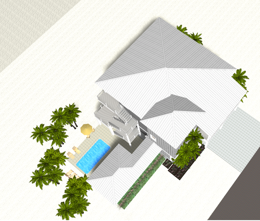 Modern beach or vacation house 3D rendering designed by the architecture firm Born Architects, which serves the northwestern Florida area including Port St. Joe, Gulf Breeze, St. George Island, Cape San Blas, Mexico Beach, and the Emerald Coast.