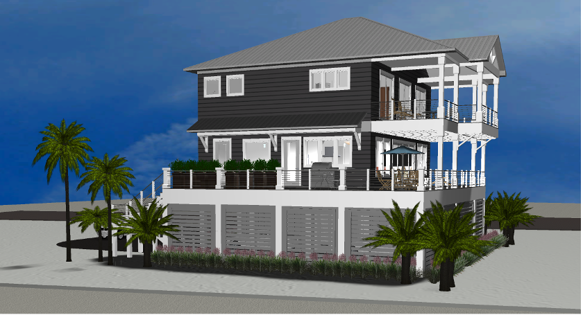 Modern beach or vacation house 3D rendering designed by the architecture firm Born Architects, which serves the northwestern Florida area including Port St. Joe, Gulf Breeze, St. George Island, Cape San Blas, Mexico Beach, and the Emerald Coast.