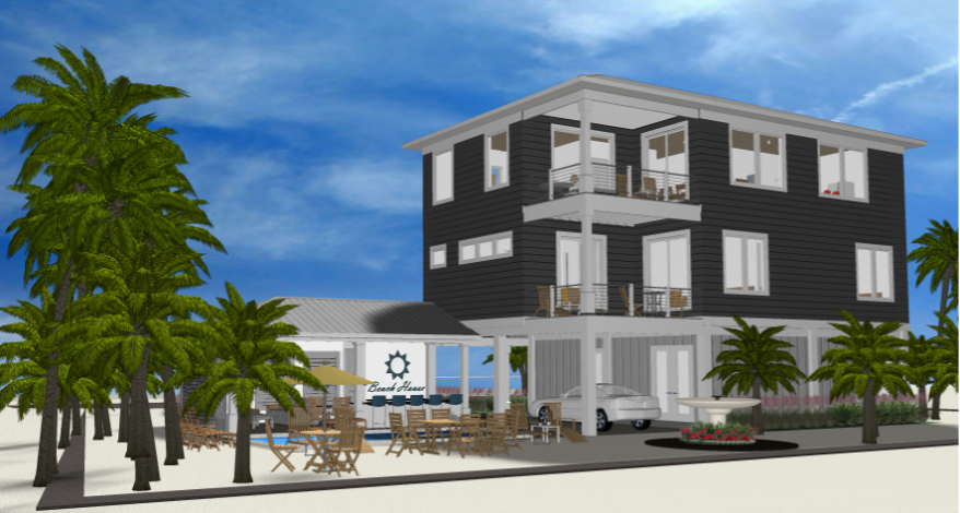 Modern beach or vacation house 3D rendering designed by the architecture firm Born Architects, which serves residential builders in the northwestern Florida area including Port St. Joe, Gulf Breeze, St. George Island, Cape San Blas, Mexico Beach, and