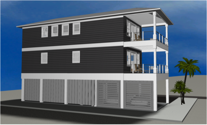 Modern beach or vacation house 3D rendering designed by the architecture firm Born Architects, which serves residential builders in the northwestern Florida area including Port St. Joe, Gulf Breeze, St. George Island, Cape San Blas, Mexico Beach, and
