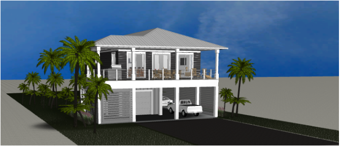 Modern beach or vacation house 3D rendering designed by the architecture firm Born Architects, which serves the northwestern Florida area including Port St. Joe, Gulf Breeze, St. George Island, Cape San Blas, Mexico Beach, and the Emerald Coast.