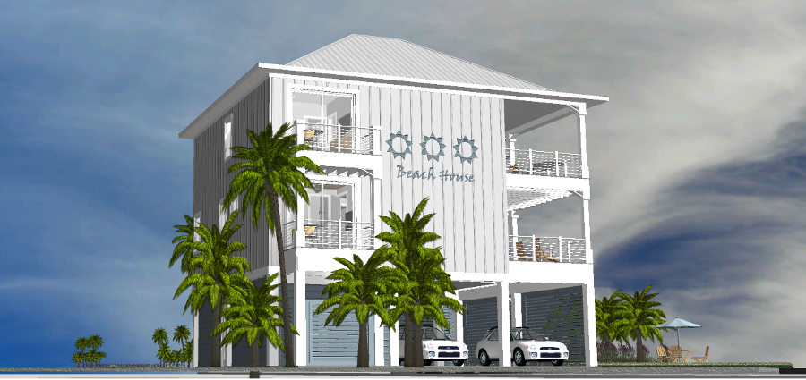 Modern beach or vacation house 3D rendering designed by the architecture firm Born Architects, which serves residential builders in the northwestern Florida area including Port St. Joe, Gulf Breeze, St. George Island, Cape San Blas, Mexico Beach, and