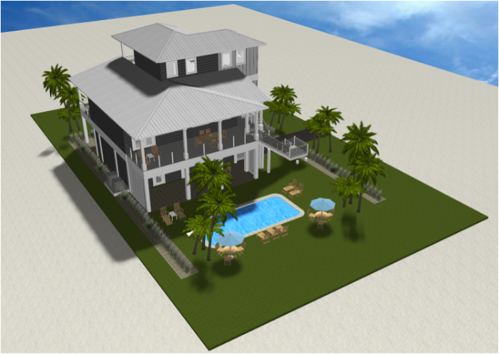 Modern beach or vacation house with a pool 3D rendering designed by the architecture firm Born Architects, which serves the northwestern Florida area including Port St. Joe, Gulf Breeze, St. George Island, Cape San Blas, Mexico Beach, and the Emerald