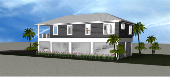 Modern beach or vacation house 3D rendering designed by the architecture firm Born Architects, which serves the northwestern Florida area including Port St. Joe, Gulf Breeze, St. George Island, Cape San Blas, Mexico Beach, and the Emerald Coast.