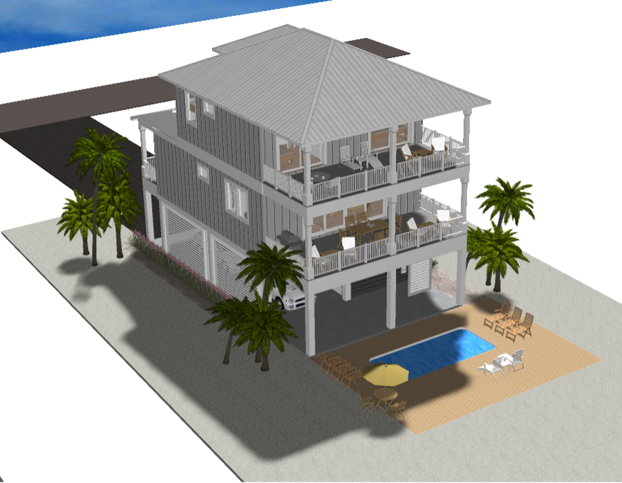 Modern beach or vacation house 3D rendering designed by the architecture firm Born Architects, which serves the northwestern Florida area including Port St. Joe, Gulf Breeze, St. George Island, Cape San Blas, Mexico Beach, and the Emerald Coast.