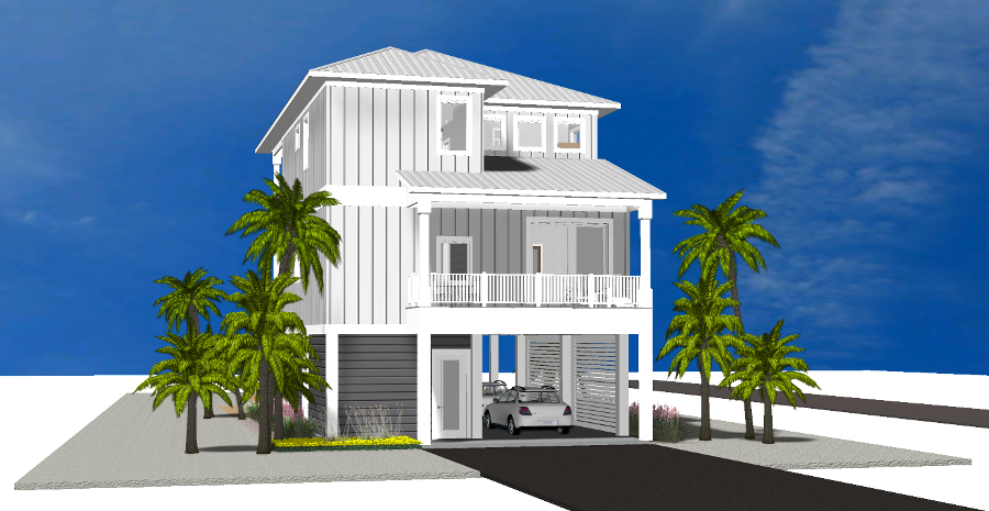 Modern beach or vacation house 3D rendering designed by the architecture firm Born Architects, which serves the northwestern Florida area including Port St. Joe, Gulf Breeze, St. George Island, Cape San Blas, Mexico Beach, and the Emerald Coast.