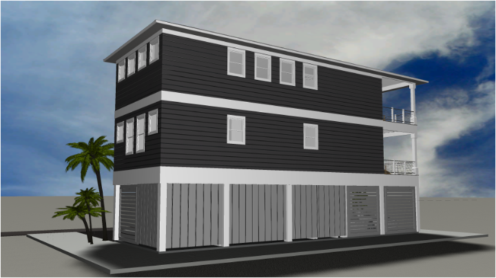 Modern beach or vacation house 3D rendering designed by the architecture firm Born Architects, which serves residential builders in the northwestern Florida area including Port St. Joe, Gulf Breeze, St. George Island, Cape San Blas, Mexico Beach, and