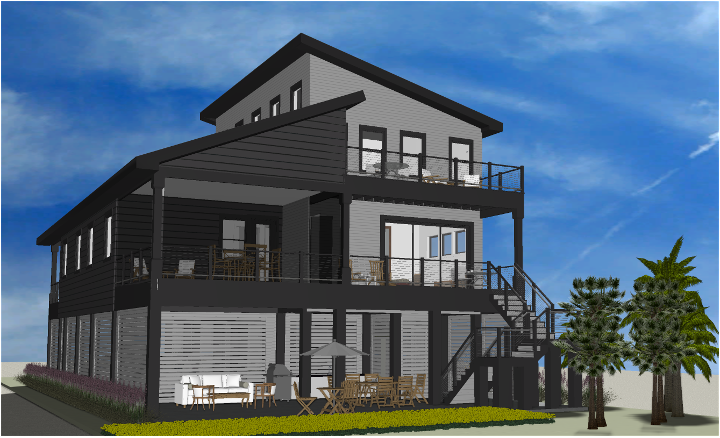 Modern beach or vacation house 3D rendering designed by the architecture firm Born Architects, which serves residential builders in the northwestern Florida area including Port St. Joe, Gulf Breeze, St. George Island, Cape San Blas, Mexico Beach, and
