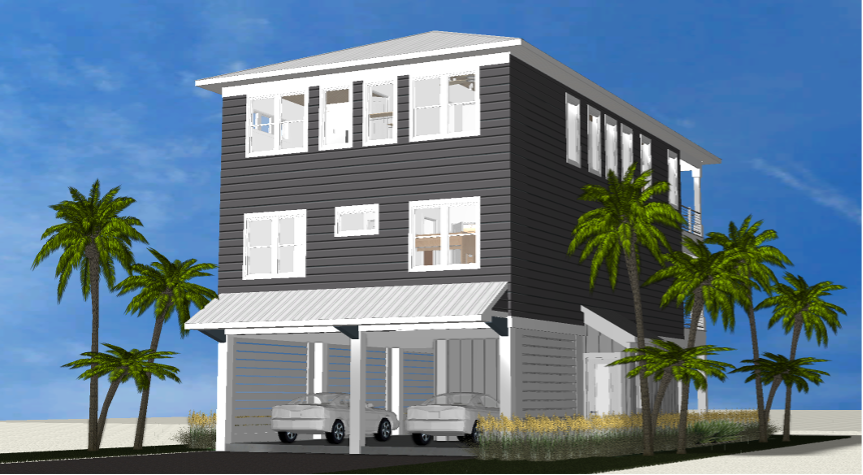 Modern beach or vacation house 3D rendering designed by the architecture firm Born Architects, which serves the northwestern Florida area including Port St. Joe, Gulf Breeze, St. George Island, Cape San Blas, Mexico Beach, and the Emerald Coast.