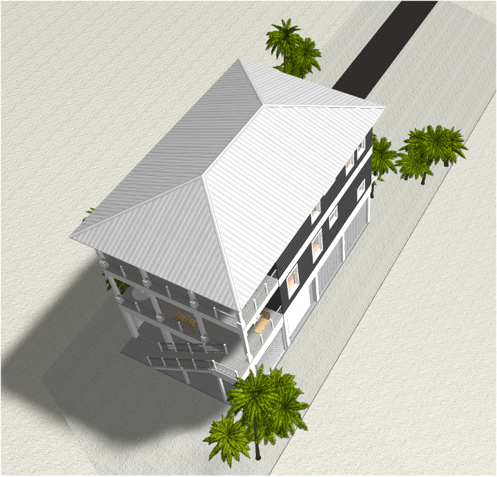 Modern beach or vacation house 3D rendering designed by the architecture firm Born Architects, which serves residential builders in the northwestern Florida area including Port St. Joe, Gulf Breeze, St. George Island, Cape San Blas, Mexico Beach, and