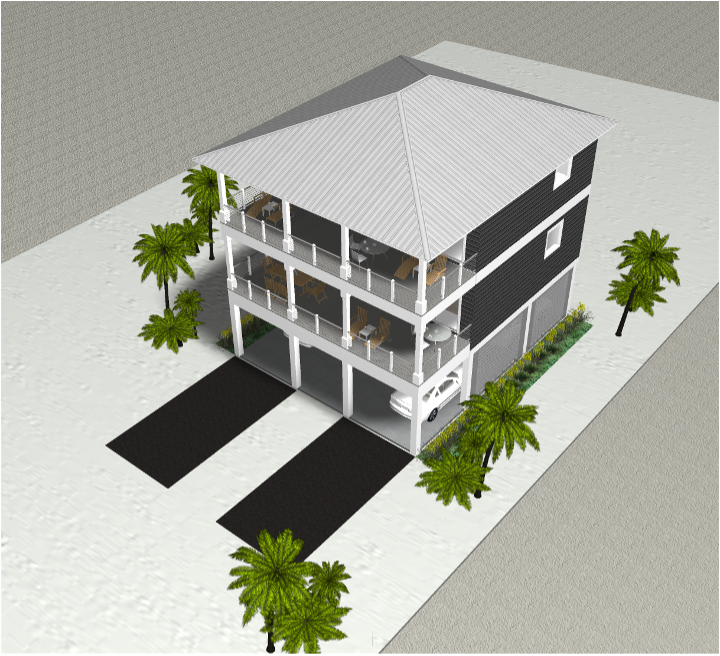 Modern beach or vacation house 3D rendering designed by the architecture firm Born Architects, which serves residential builders in the northwestern Florida area including Port St. Joe, Gulf Breeze, St. George Island, Cape San Blas, Mexico Beach, and