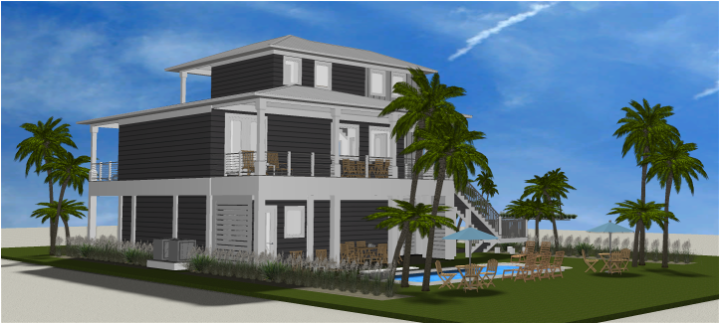 Modern beach or vacation house with a pool 3D rendering designed by the architecture firm Born Architects, which serves the northwestern Florida area including Port St. Joe, Gulf Breeze, St. George Island, Cape San Blas, Mexico Beach, and the Emerald