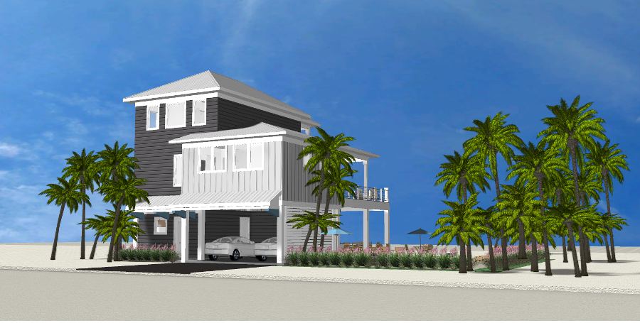 Modern beach or vacation house 3D rendering designed by the architecture firm Born Architects, which serves residential builders in the northwestern Florida area including Port St. Joe, Gulf Breeze, St. George Island, Cape San Blas, Mexico Beach, and