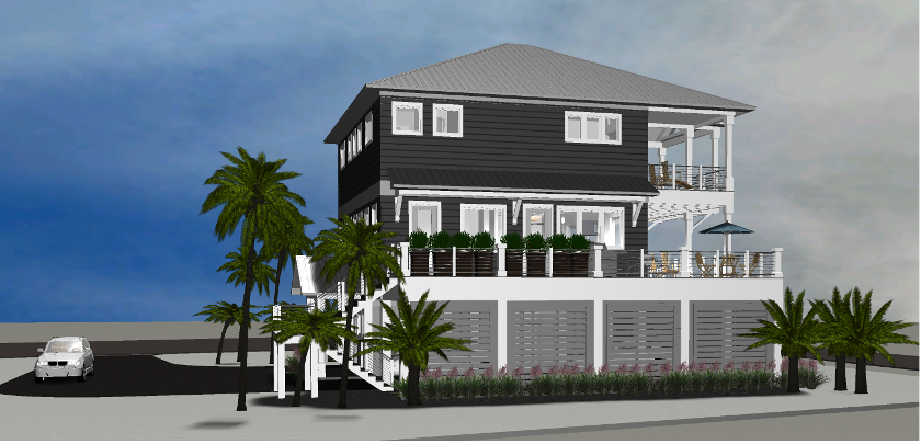 Modern beach or vacation house 3D rendering designed by the architecture firm Born Architects, which serves the northwestern Florida area including Port St. Joe, Gulf Breeze, St. George Island, Cape San Blas, Mexico Beach, and the Emerald Coast.