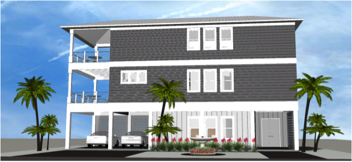 Modern beach or vacation house 3D rendering designed by the architecture firm Born Architects, which serves residential builders in the northwestern Florida area including Port St. Joe, Gulf Breeze, St. George Island, Cape San Blas, Mexico Beach, and