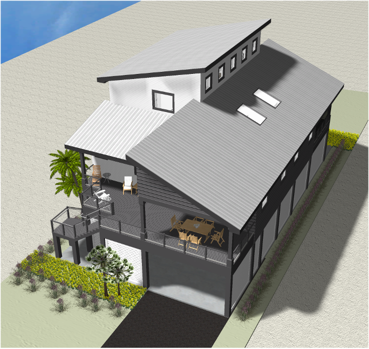 Modern beach or vacation house 3D rendering designed by the architecture firm Born Architects, which serves residential builders in the northwestern Florida area including Port St. Joe, Gulf Breeze, St. George Island, Cape San Blas, Mexico Beach, and