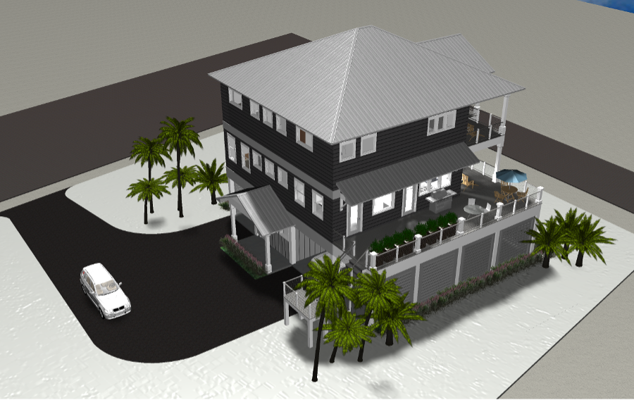 Modern beach or vacation house 3D rendering designed by the architecture firm Born Architects, which serves the northwestern Florida area including Port St. Joe, Gulf Breeze, St. George Island, Cape San Blas, Mexico Beach, and the Emerald Coast.