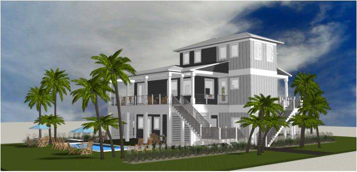 Modern beach or vacation house with a pool 3D rendering designed by the architecture firm Born Architects, which serves the northwestern Florida area including Port St. Joe, Gulf Breeze, St. George Island, Cape San Blas, Mexico Beach, and the Emerald