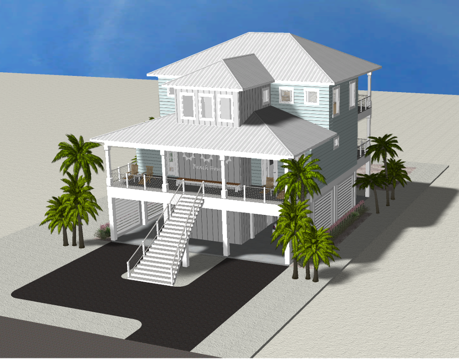 Modern beach or vacation house 3D rendering designed by the architecture firm Born Architects, which serves residential builders in the northwestern Florida area including Port St. Joe, Gulf Breeze, St. George Island, Cape San Blas, Mexico Beach, and