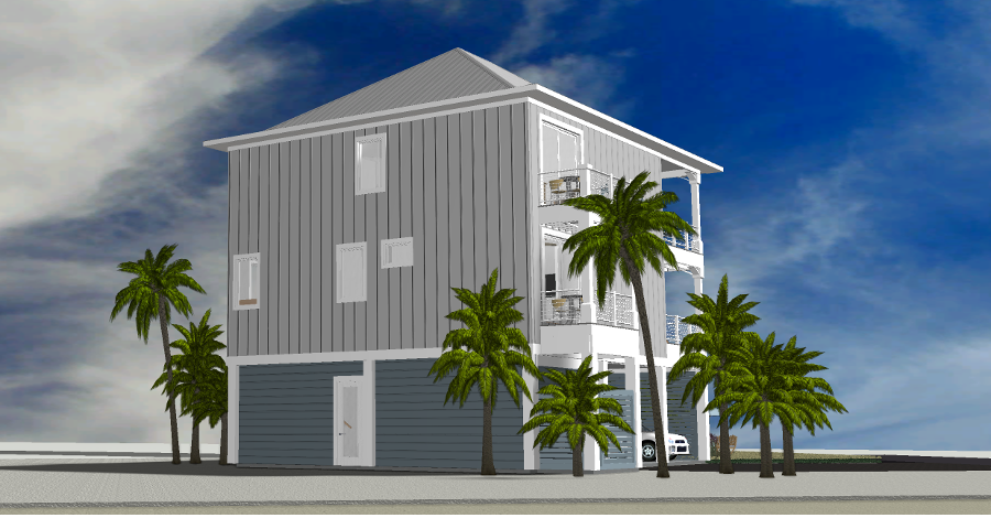 Modern beach or vacation house 3D rendering designed by the architecture firm Born Architects, which serves residential builders in the northwestern Florida area including Port St. Joe, Gulf Breeze, St. George Island, Cape San Blas, Mexico Beach, and