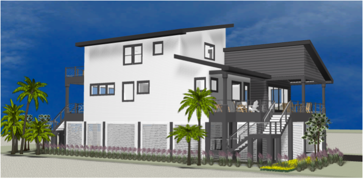 Modern beach or vacation house 3D rendering designed by the architecture firm Born Architects, which serves residential builders in the northwestern Florida area including Port St. Joe, Gulf Breeze, St. George Island, Cape San Blas, Mexico Beach, and