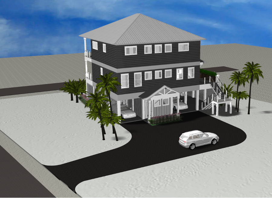 Modern beach or vacation house 3D rendering designed by the architecture firm Born Architects, which serves the northwestern Florida area including Port St. Joe, Gulf Breeze, St. George Island, Cape San Blas, Mexico Beach, and the Emerald Coast.