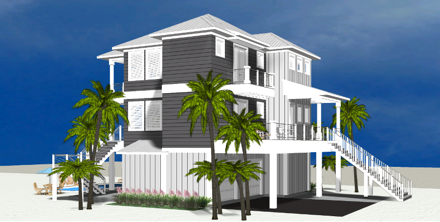 Modern beach or vacation house with a pool 3D rendering designed by the architecture firm Born Architects, which serves residential builders in the northwestern Florida area including Port St. Joe, Gulf Breeze, St. George Island, Cape San Blas, Mexic