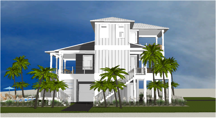 Modern beach or vacation house with a pool 3D rendering designed by the architecture firm Born Architects, which serves the northwestern Florida area including Port St. Joe, Gulf Breeze, St. George Island, Cape San Blas, Mexico Beach, and the Emerald