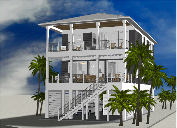 Modern beach or vacation house 3D rendering designed by the architecture firm Born Architects, which serves residential builders in the northwestern Florida area including Port St. Joe, Gulf Breeze, St. George Island, Cape San Blas, Mexico Beach, and