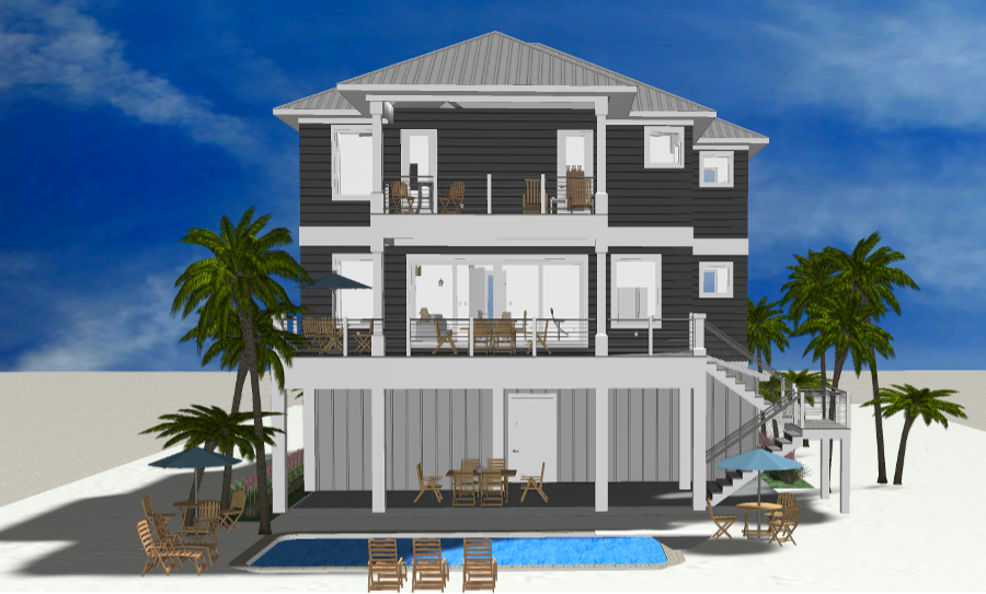 Modern beach or vacation house with a pool 3D rendering designed by the architecture firm Born Architects, which serves residential builders in the northwestern Florida area including Port St. Joe, Gulf Breeze, St. George Island, Cape San Blas, Mexic