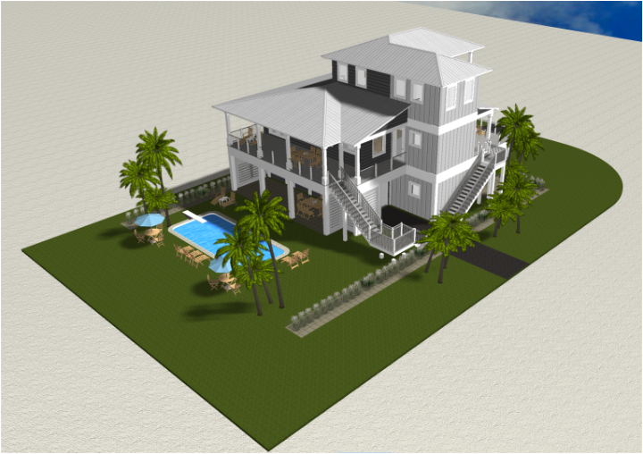 Modern beach or vacation house with a pool 3D rendering designed by the architecture firm Born Architects, which serves the northwestern Florida area including Port St. Joe, Gulf Breeze, St. George Island, Cape San Blas, Mexico Beach, and the Emerald