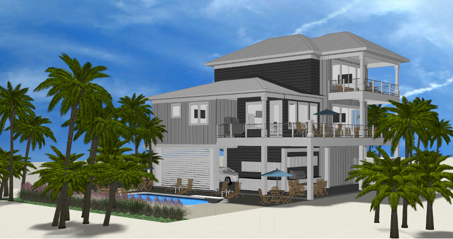 Modern beach or vacation house 3D rendering designed by the architecture firm Born Architects, which serves residential builders in the northwestern Florida area including Port St. Joe, Gulf Breeze, St. George Island, Cape San Blas, Mexico Beach, and