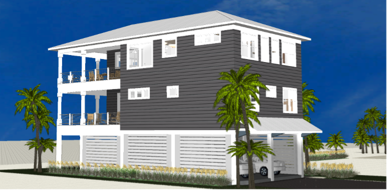 Modern beach or vacation house 3D rendering designed by the architecture firm Born Architects, which serves the northwestern Florida area including Port St. Joe, Gulf Breeze, St. George Island, Cape San Blas, Mexico Beach, and the Emerald Coast.