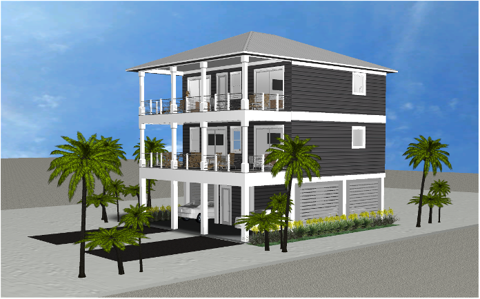 Modern beach or vacation house 3D rendering designed by the architecture firm Born Architects, which serves residential builders in the northwestern Florida area including Port St. Joe, Gulf Breeze, St. George Island, Cape San Blas, Mexico Beach, and