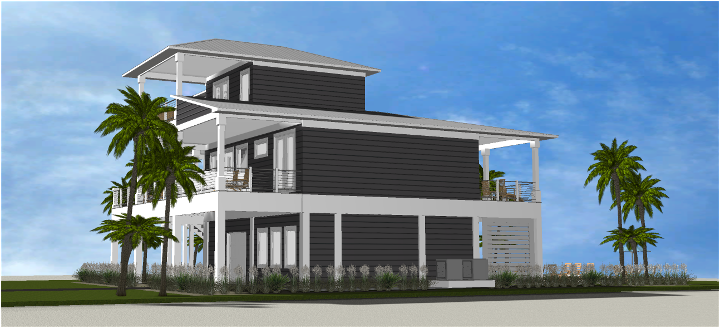 Modern beach or vacation house with a pool 3D rendering designed by the architecture firm Born Architects, which serves the northwestern Florida area including Port St. Joe, Gulf Breeze, St. George Island, Cape San Blas, Mexico Beach, and the Emerald