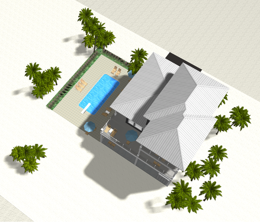 Modern beach or vacation house 3D rendering designed by the architecture firm Born Architects, which serves residential builders in the northwestern Florida area including Port St. Joe, Gulf Breeze, St. George Island, Cape San Blas, Mexico Beach, and