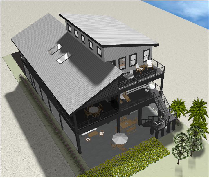 Modern beach or vacation house 3D rendering designed by the architecture firm Born Architects, which serves residential builders in the northwestern Florida area including Port St. Joe, Gulf Breeze, St. George Island, Cape San Blas, Mexico Beach, and