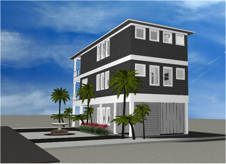 Modern beach or vacation house 3D rendering designed by the architecture firm Born Architects, which serves residential builders in the northwestern Florida area including Port St. Joe, Gulf Breeze, St. George Island, Cape San Blas, Mexico Beach, and