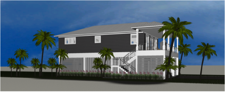 Modern beach or vacation house 3D rendering designed by the architecture firm Born Architects, which serves the northwestern Florida area including Port St. Joe, Gulf Breeze, St. George Island, Cape San Blas, Mexico Beach, and the Emerald Coast.