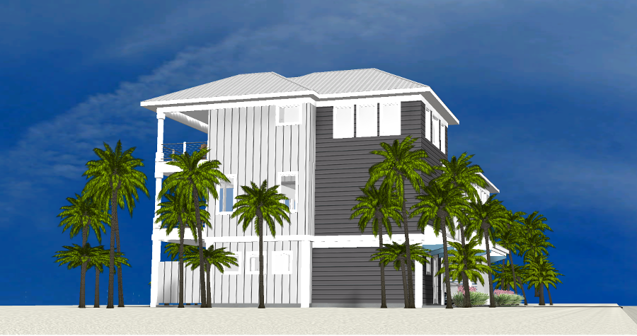 Modern beach or vacation house 3D rendering designed by the architecture firm Born Architects, which serves residential builders in the northwestern Florida area including Port St. Joe, Gulf Breeze, St. George Island, Cape San Blas, Mexico Beach, and