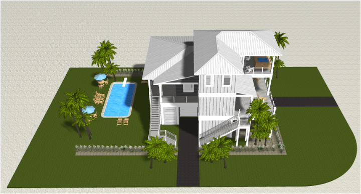 Modern beach or vacation house with a pool 3D rendering designed by the architecture firm Born Architects, which serves the northwestern Florida area including Port St. Joe, Gulf Breeze, St. George Island, Cape San Blas, Mexico Beach, and the Emerald