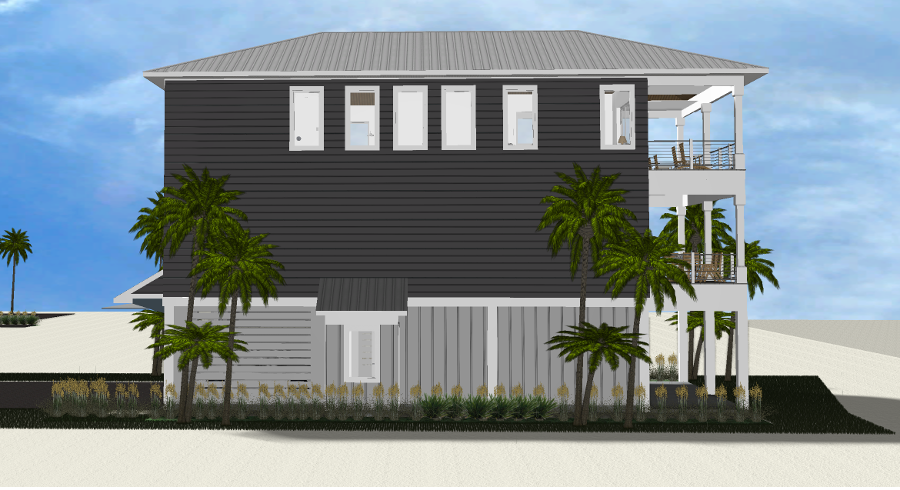 Modern beach or vacation house 3D rendering designed by the architecture firm Born Architects, which serves the northwestern Florida area including Port St. Joe, Gulf Breeze, St. George Island, Cape San Blas, Mexico Beach, and the Emerald Coast.