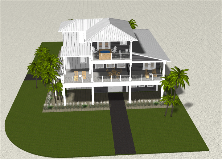 Modern beach or vacation house with a pool 3D rendering designed by the architecture firm Born Architects, which serves the northwestern Florida area including Port St. Joe, Gulf Breeze, St. George Island, Cape San Blas, Mexico Beach, and the Emerald