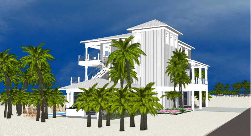 Modern beach or vacation house 3D rendering designed by the architecture firm Born Architects, which serves the northwestern Florida area including Port St. Joe, Gulf Breeze, St. George Island, Cape San Blas, Mexico Beach, and the Emerald Coast.