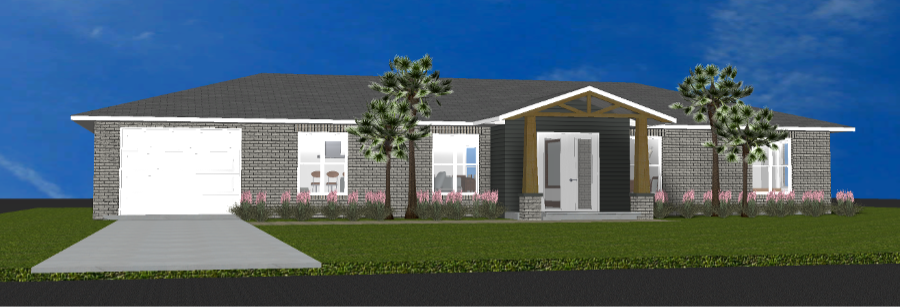 Modern single story brick beach or vacation house 3D rendering designed by the architecture firm Born Architects, which serves residential builders in the northwestern Florida area including Port St. Joe, Gulf Breeze, St. George Island, Cape San Blas