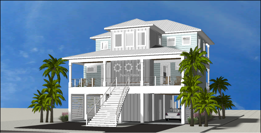 Modern beach or vacation house 3D rendering designed by the architecture firm Born Architects, which serves residential builders in the northwestern Florida area including Port St. Joe, Gulf Breeze, St. George Island, Cape San Blas, Mexico Beach, and